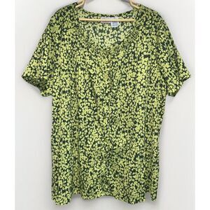Only Necessities Button Up Blouse Women Size 2X Green Floral Ruched Short Sleeve